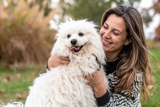 A beautiful woman bonding with their dog outdoors, illustrating how to choose the right activities for your pup.