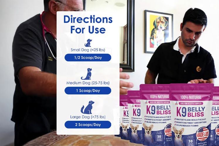 Dosage guide for K9 Belly Bliss showing recommended scoops per day for small, medium, and large dogs, displayed alongside product packs.