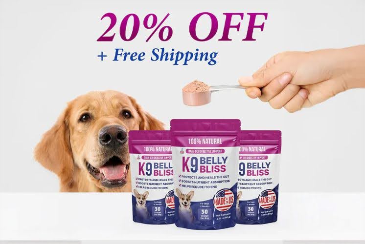 Promotional image of K9 Belly Bliss with a happy Golden Retriever, a hand holding a scoop of powder, and text offering 20% off plus free shipping.