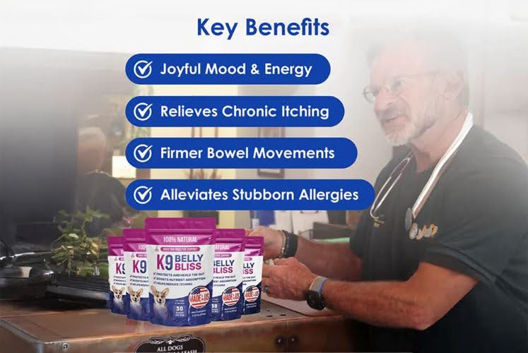 Veterinarian beside K9 Belly Bliss product packs with listed benefits including joyful mood, relief of itching, firmer bowel movements, and allergy support.