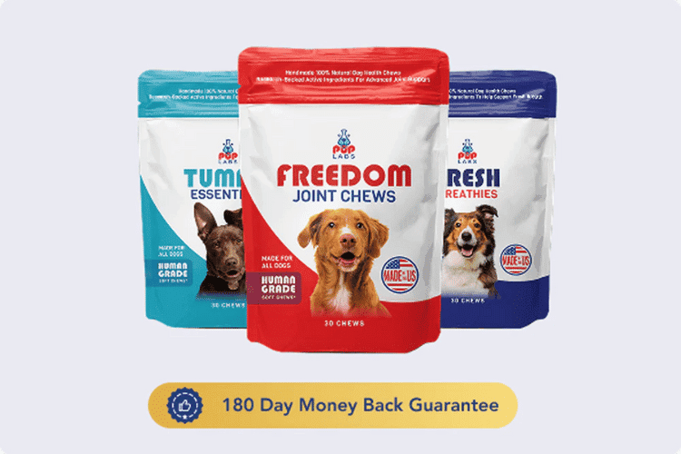 Pup Labs dog chew packages with a 180-day money-back badge.