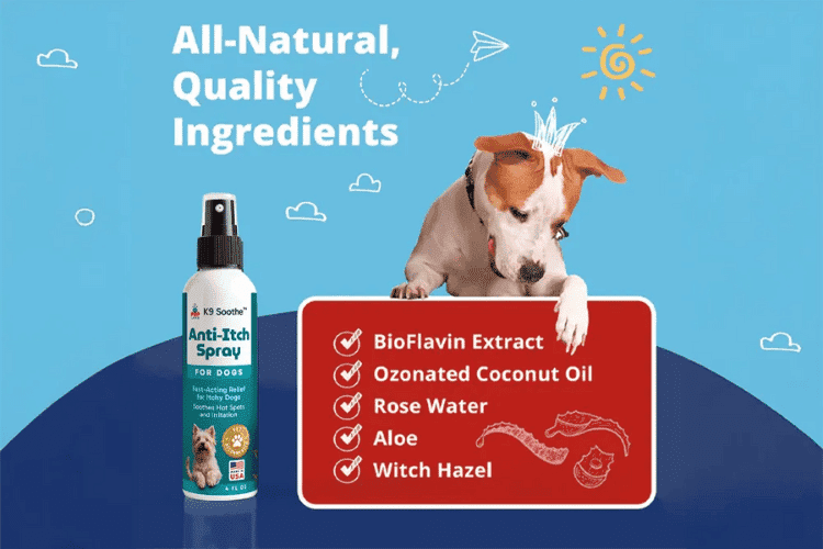 Dog beside K9 Soothe Anti-Itch Spray with a list of natural ingredients.