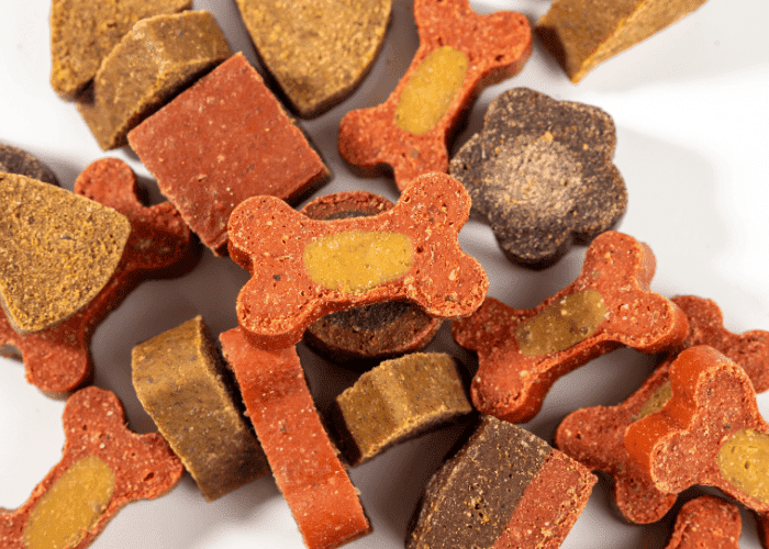 Variety of colorful bone- and flower-shaped dog treats arranged on a white surface.