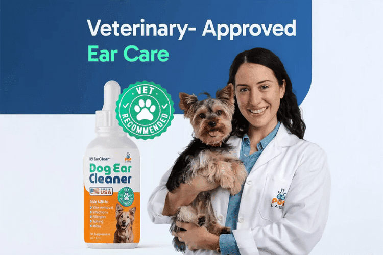 Veterinarian holding a small dog beside a bottle of dog ear cleaner.