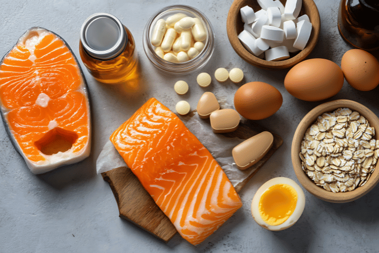 An assortment of nutrient-dense foods including salmon, eggs, oats, supplements, and fish oil displayed on a table.