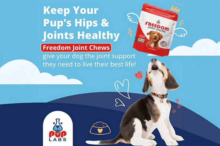 Pup Labs Freedom Joint Chews packaging with a happy dog and message about supporting hips and joints.