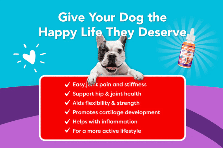 Pup Labs Freedom Joint Drops ad with a bulldog and benefit list highlighting pain relief, joint health, flexibility, cartilage support, and inflammation reduction.