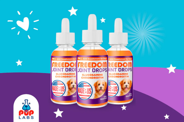 Three bottles of Pup Labs Freedom Joint Drops with glucosamine and chondroitin for dogs.