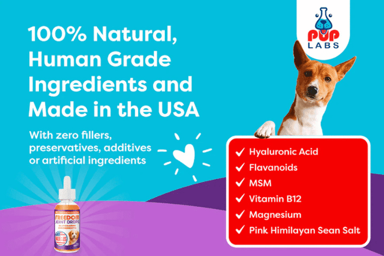 Freedom Joint Drops ad featuring natural, human-grade ingredients like hyaluronic acid, flavonoids, MSM, vitamin B12, magnesium, and pink Himalayan sea salt.
