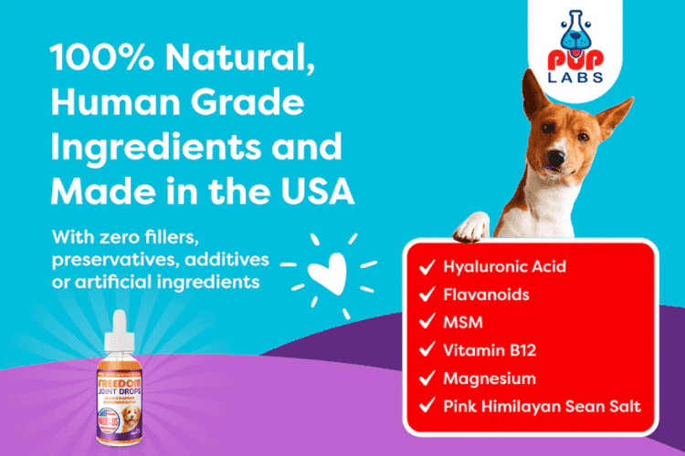 Freedom Joint Drops ad highlighting 100% natural human-grade ingredients with benefits listed.