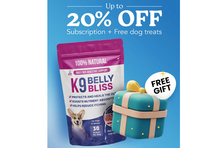 Promotional image for Pup Labs K9 Belly Bliss digestive support supplement for dogs, showing a product pouch with text highlighting 20% off subscription and free treats.