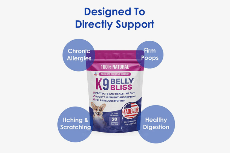 A Pup Labs K9 Belly Bliss supplement pouch surrounded by icons showing benefits like firm stools, reduced allergies, and healthy digestion.