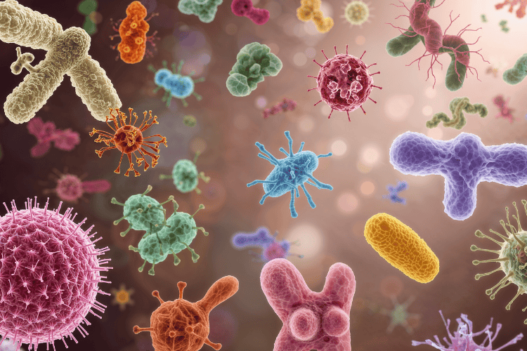 A microscopic-style illustration showing various colorful bacteria and microbes on a blurred background.