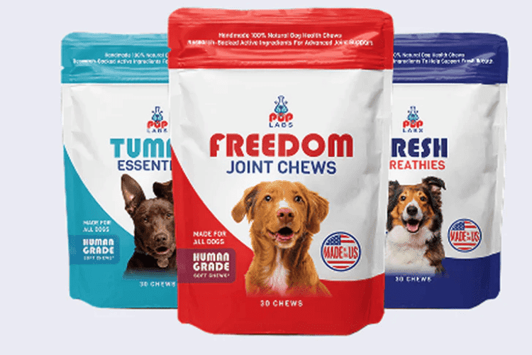 Pup Labs product lineup showing Tummy Essentials, Freedom Joint Chews, and Fresh Breathies.
