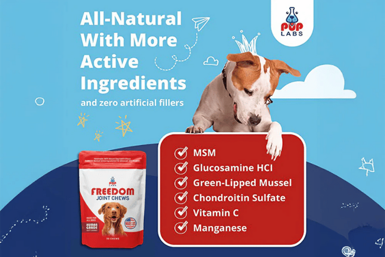 A promotional graphic for Pup Labs Freedom Joint Chews showing a dog leaning on a red box listing active ingredients such as MSM, glucosamine HCI, green-lipped mussel, chondroitin sulfate, vitamin C, and manganese.