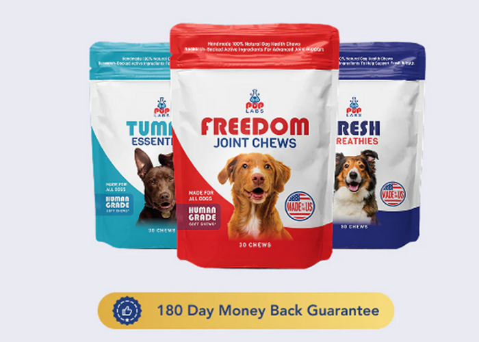 Three Pup Labs supplements—Tummy Essentials, Freedom Joint Chews, and Fresh Breathies—displayed together with a 180-day guarantee badge.