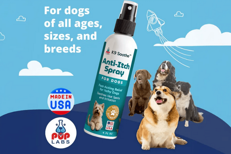 Promotional image for Pup Labs K9 Soothe Anti-Itch Spray, featuring the bottle alongside various dog breeds, with "Made in USA" and "Vet Recommended" badges.