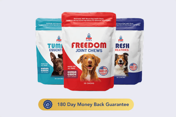 A display of three Pup Labs products including Tummy Essentials, Freedom Joint Chews, and Fresh Breathies, with a 180-day money-back guarantee badge underneath.