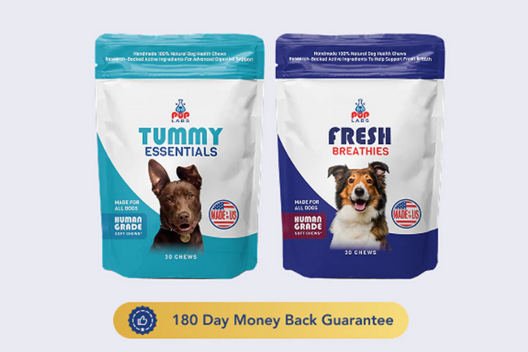 Two Pup Labs dog supplement bags shown side by side, featuring Tummy Essentials and Fresh Breathies with a 180-day money-back guarantee badge.