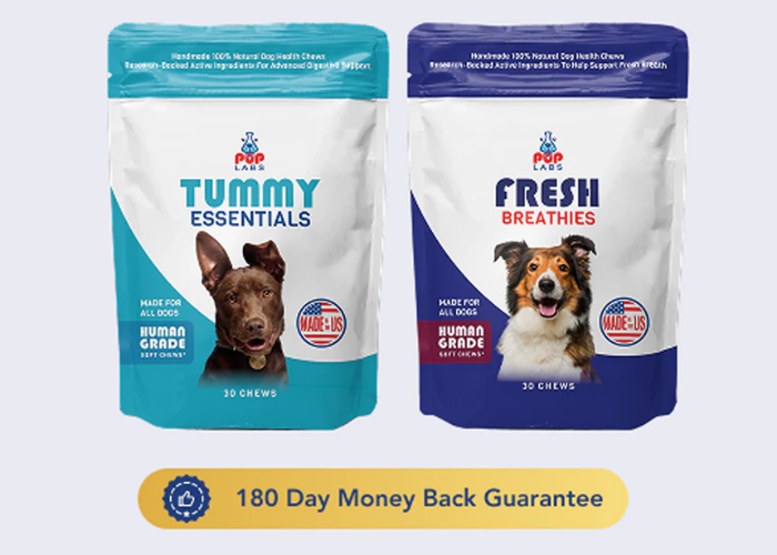 Pup Labs Tummy Essentials and Fresh Breathies supplement packs side by side with a “180 Day Money Back Guarantee” banner.