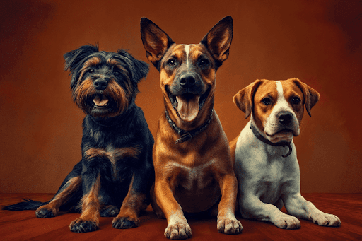 Three different dogs sit together against a brown background.