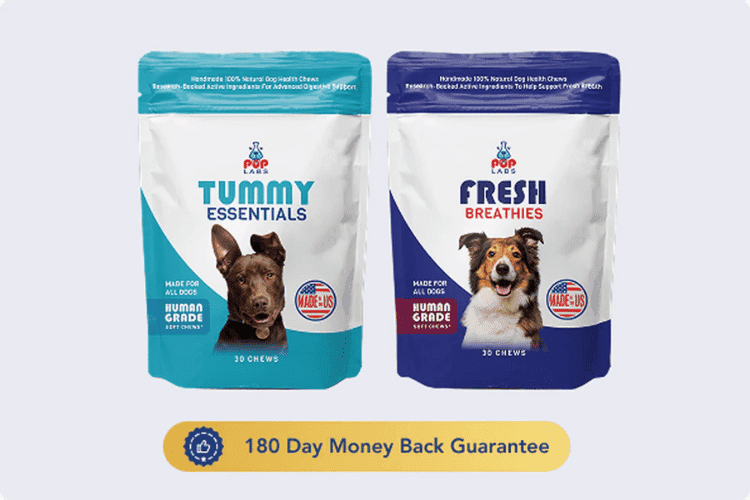 Pup Labs Tummy Essentials and Fresh Breathies dog chews with 180-day money-back badge.