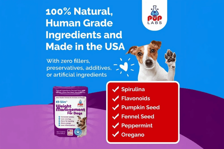 K9 Slim Weight Management for Dogs pouch with natural ingredient list.