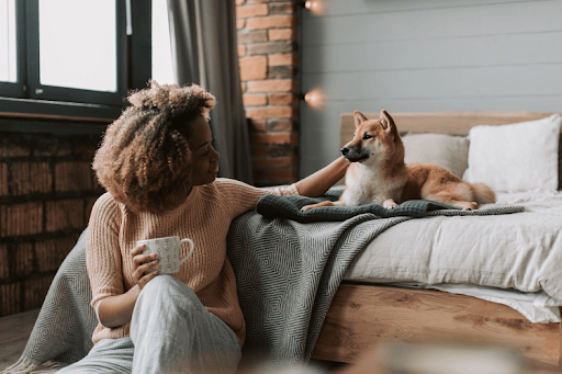 A woman sits on the floor with a mug, gently petting a Shiba Inu resting on a bed.